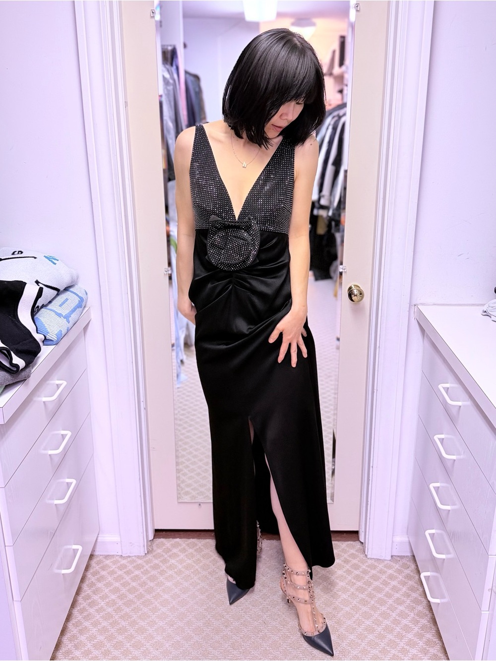 NWOT Roland Mouret Black Beaded Deep-V Evening Gown, Size US 6